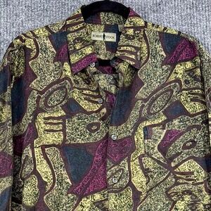 Vintage Silk Button Up Shirt Abstract Pattern 90s Art Print Men Large Art Deco